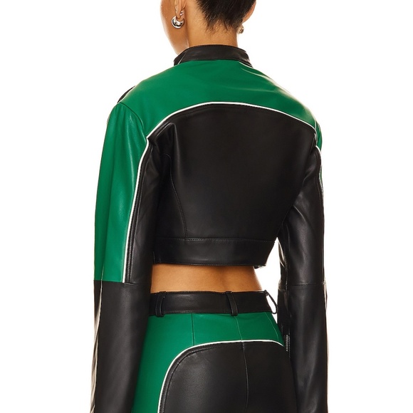 Camila Coelho Cropped Moto Biker Leather Jacket in Green & Black - Picture 2 of 9
